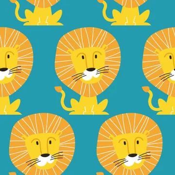 Seamless pattern with sailor lions isolated on the blue background Stock Illustration