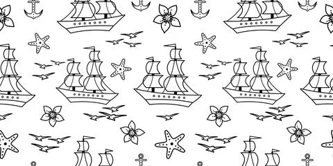 Seamless pattern with sailship, anchor, and flowers. Cute Marine pattern for  Stock Illustration