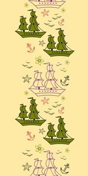 Seamless pattern with sailship, anchor, and flowers. Cute Marine pattern for  Stock Illustration