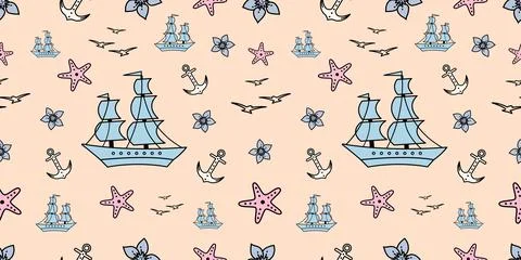 Seamless pattern with sailship, anchor, and flowers. Cute Marine pattern for  Stock Illustration
