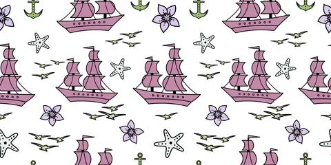 Seamless pattern with sailship, anchor, and flowers. Cute Marine pattern for  Stock-Illustration