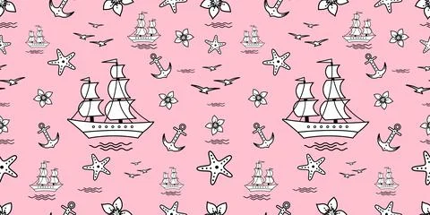 Seamless pattern with sailship, anchor, and flowers. Cute Marine pattern for  Stock Illustration