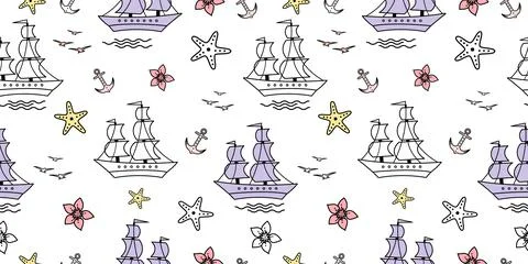 Seamless pattern with sailship, anchor, and flowers. Cute Marine pattern for  Stock Illustration