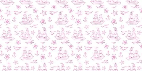 Seamless pattern with sailship, anchor, and flowers. Cute Marine pattern for  Stock Illustration