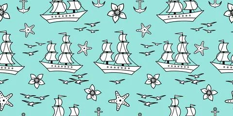 Seamless pattern with sailship, anchor, and flowers. Cute Marine pattern for  Stock Illustration