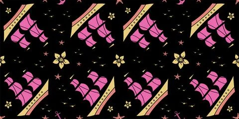 Seamless pattern with sailship, anchor, and flowers. Cute Marine pattern for  Stock Illustration