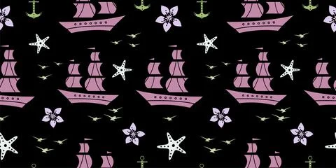 Seamless pattern with sailship, anchor, and flowers. Cute Marine pattern for  Stock Illustration