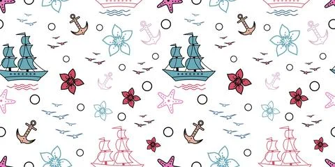 Seamless pattern with sailship, anchor, and flowers. Cute Marine pattern for  Stock Illustration