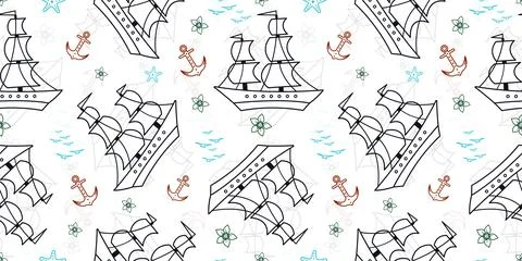 Seamless pattern with sailship, anchor, and flowers. Cute Marine pattern for  Stock Illustration