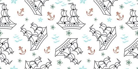 Seamless pattern with sailship, anchor, and flowers. Cute Marine pattern for  Stock Illustration