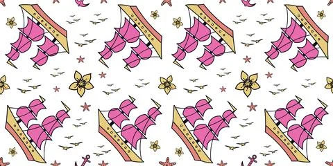 Seamless pattern with sailship, anchor, and flowers. Cute Marine pattern for  Stock Illustration