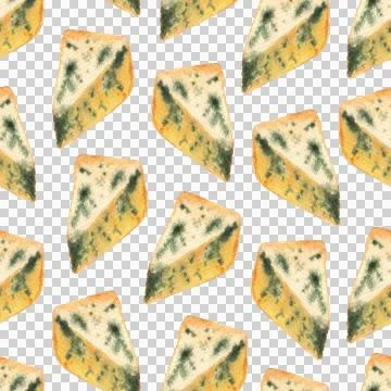 Seamless pattern of Saint Agur blue cheese, hand drawn watercolor isolated Stock Illustration