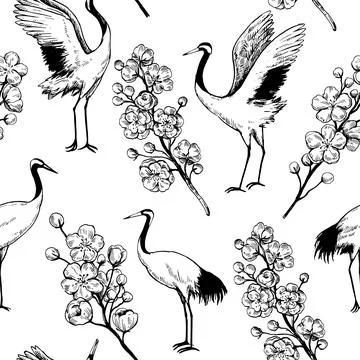 Seamless pattern with sakura blooming branches and dancing japanese cranes... イラスト素材