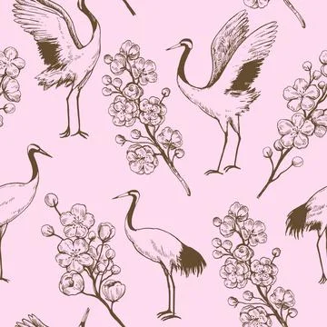 Seamless pattern with sakura blooming branches and dancing japanese cranes... Stock Illustration