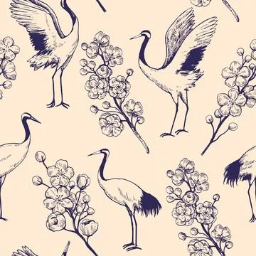 Seamless pattern with sakura blooming branches and dancing japanese cranes... イラスト素材