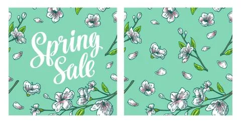 Seamless pattern sakura blossom. Cherry branch with flowers and bud. Stock Illustration
