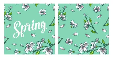 Seamless pattern sakura blossom. Cherry branch with flowers and bud. Stock Illustration