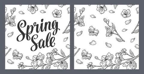 Seamless pattern sakura blossom. Cherry branch with flowers and bud. Stock Illustration