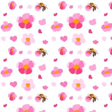 Seamless pattern sakura flowers bee white background Texture hand drawn Pink イラスト素材