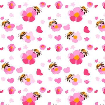 Seamless pattern sakura flowers bee white background Texture hand drawn Pink Stock Illustration