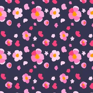 Seamless pattern sakura flowers dark background Texture hand drawn Pink cherry Stock Illustration