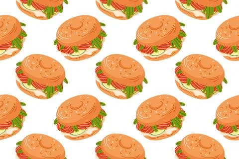 Seamless pattern with salmon bagel in flat style. Perfect for healthy food Stock Illustration