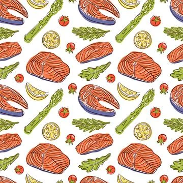 Seamless pattern with Salmon steak and ingredients in flat style. Tomato, slices Stock Illustration