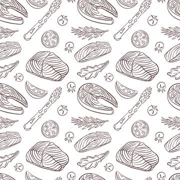 Seamless pattern with Salmon steak and ingredients in line art style. Tomato Stock Illustration