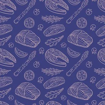 Seamless pattern with Salmon steak and ingredients in line art style on a white Stock Illustration