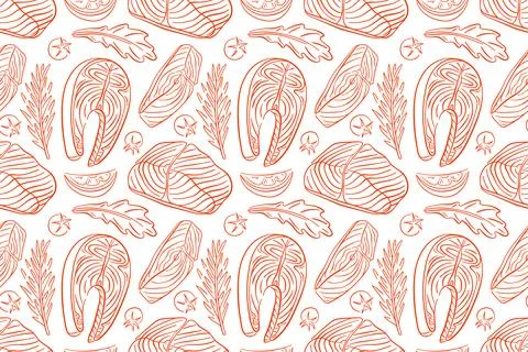 Seamless pattern with Salmon steak and ingredients in line art style on a white Stock Illustration