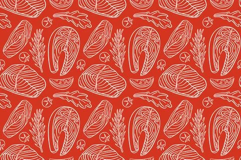 Seamless pattern with Salmon steak, herbs, vegetable in line art style on a red Stock Illustration