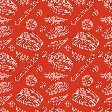 Seamless pattern with Salmon steak in line art style on red background. Tomato Stock Illustration