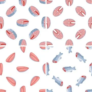 Seamless pattern with salmon steaks and fish on white background イラスト素材