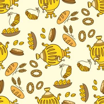 Seamless pattern with Samovar and Russian traditional food Stock Illustration