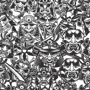 Seamless pattern with samurai masks in monochrome style. Design element for p Illustrazione stock