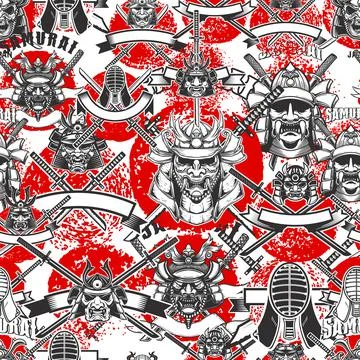 Seamless pattern with samurai masks in monochrome style. Design element for p Illustrazione stock