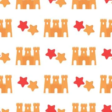 Seamless pattern of sandcastle and starfish Stock Illustration