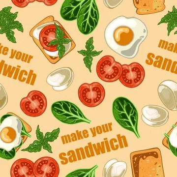 Seamless pattern with sandwich and ingredients for sandwich, vector illustration Stock Illustration