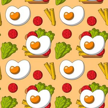 Seamless pattern with Sandwich with scrambled eggs in the shape of a heart イラスト素材
