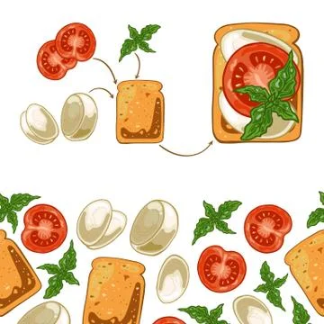 Seamless pattern with sandwich: toast bread, mozzarella, tomato and basil 스톡 일러스트
