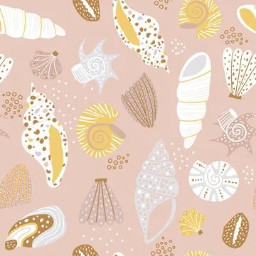 Seamless pattern with sandy hand drawn seashells. Creative marine texture. Stock Illustration