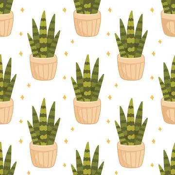 Seamless pattern with sansevieria houseplants in flat vector style Stock Illustration