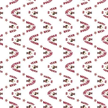 A seamless pattern of Santa figurines with the text of New Year and Merry Chr Stock Photos