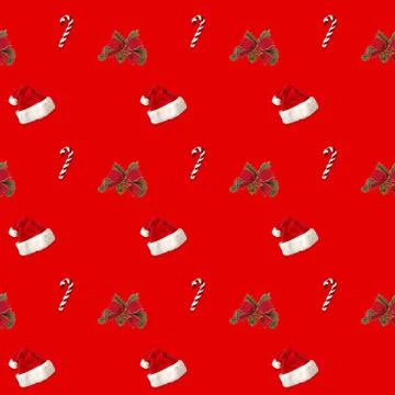 Seamless pattern Santa hat and candy cane candy cane on red background 写真素材
