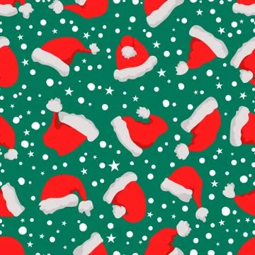 Seamless pattern with santa hats and snow. Design element for poster, card, b Stock Illustration