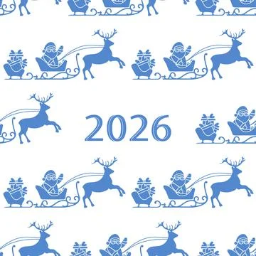 Seamless pattern of Santa with reindeer and sleigh filled with gifts, featu.. Stock Illustration