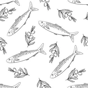 Seamless pattern with sardine and branches olive. Ideal for seafood packagi.. Stock Illustration