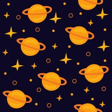 Seamless pattern with saturn planets and stars on dark background. Cartoon Illustrazione stock