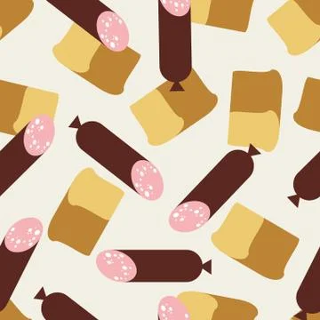 Seamless pattern sausage and bread. Food vector background 스톡 일러스트