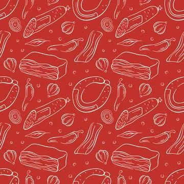 Seamless pattern of sausage, bacon and salami in line art style on red Stock Illustration